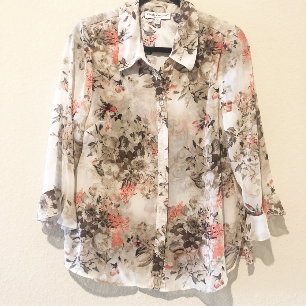 Rebecca Malone Button Front Blouse Floral Size PXL
